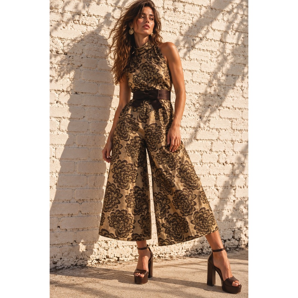 Vintage 60s Gold Metallic Floral Brocade Palazzo Jumpsuit Halter Wide Leg Mod S